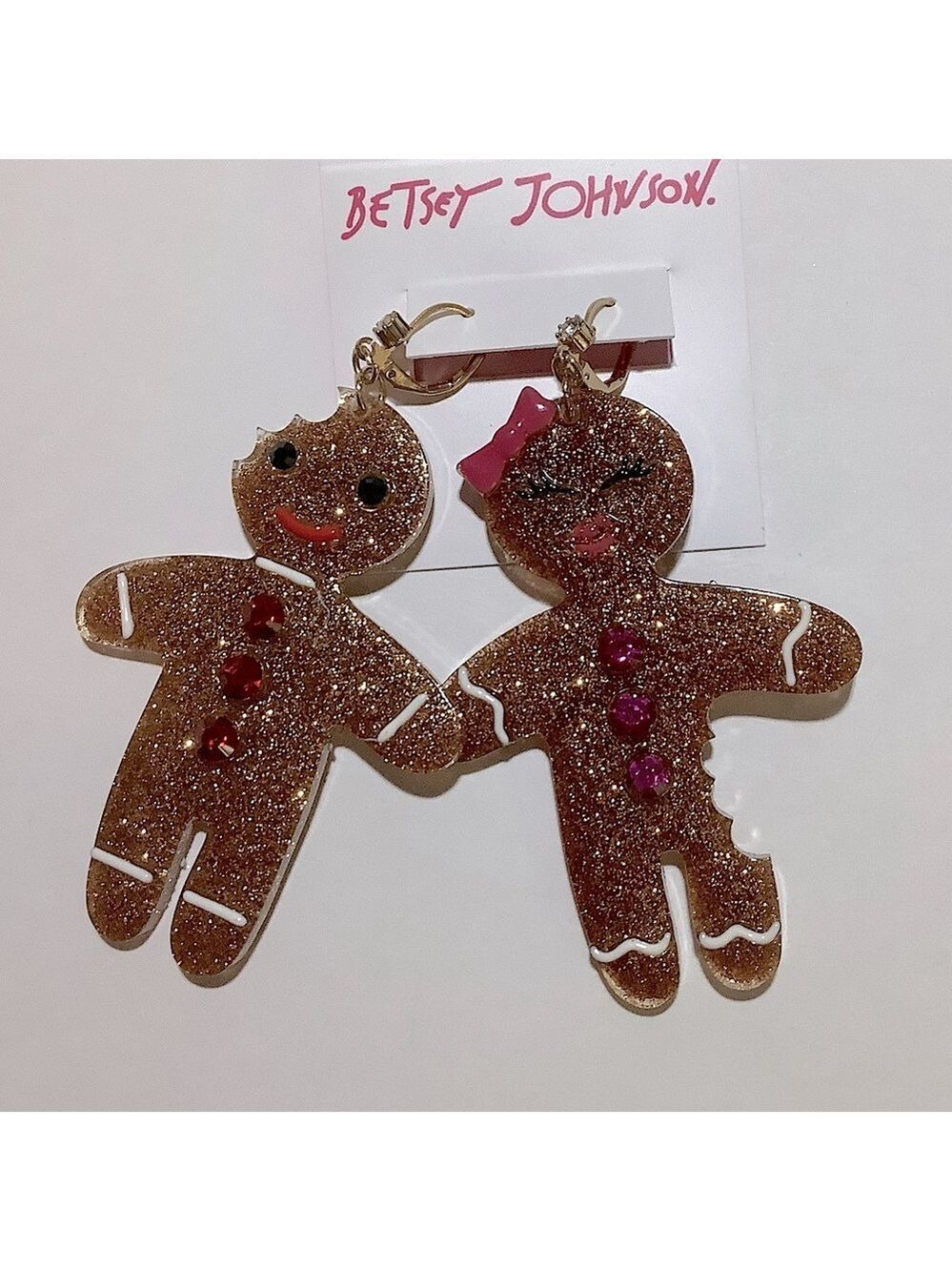 Betsey Johnson Gingerbread Couple Holiday Glitter Earrings New